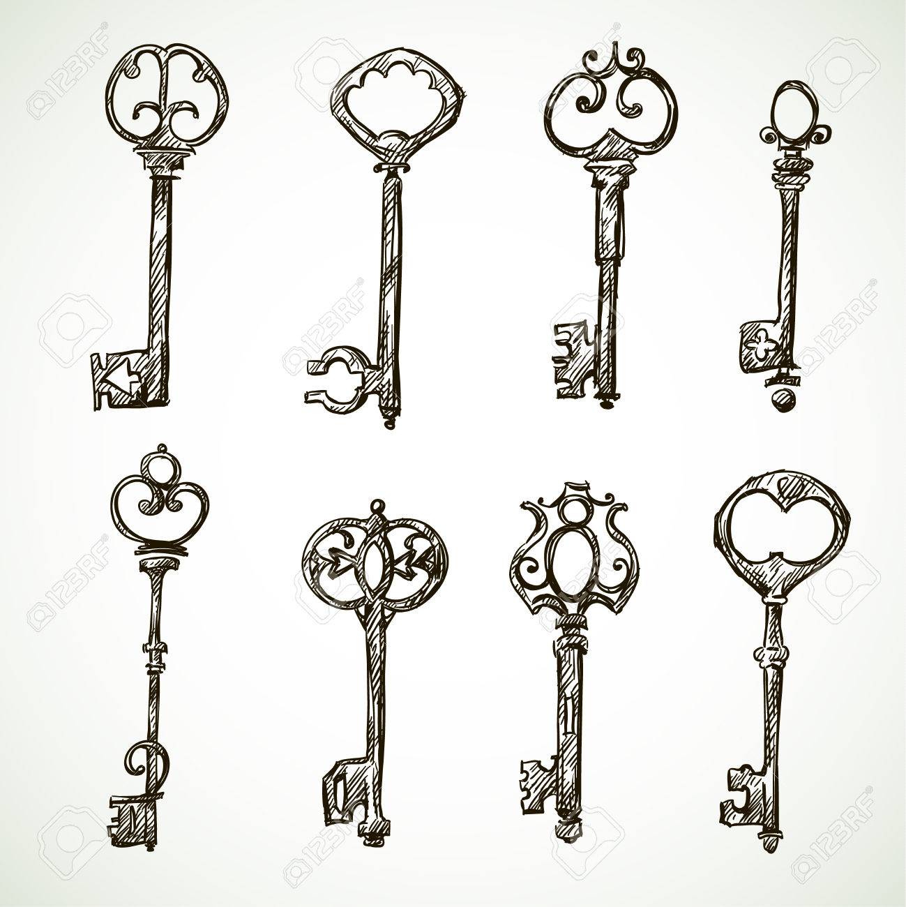 Set of vintage keys drawings doodle style
