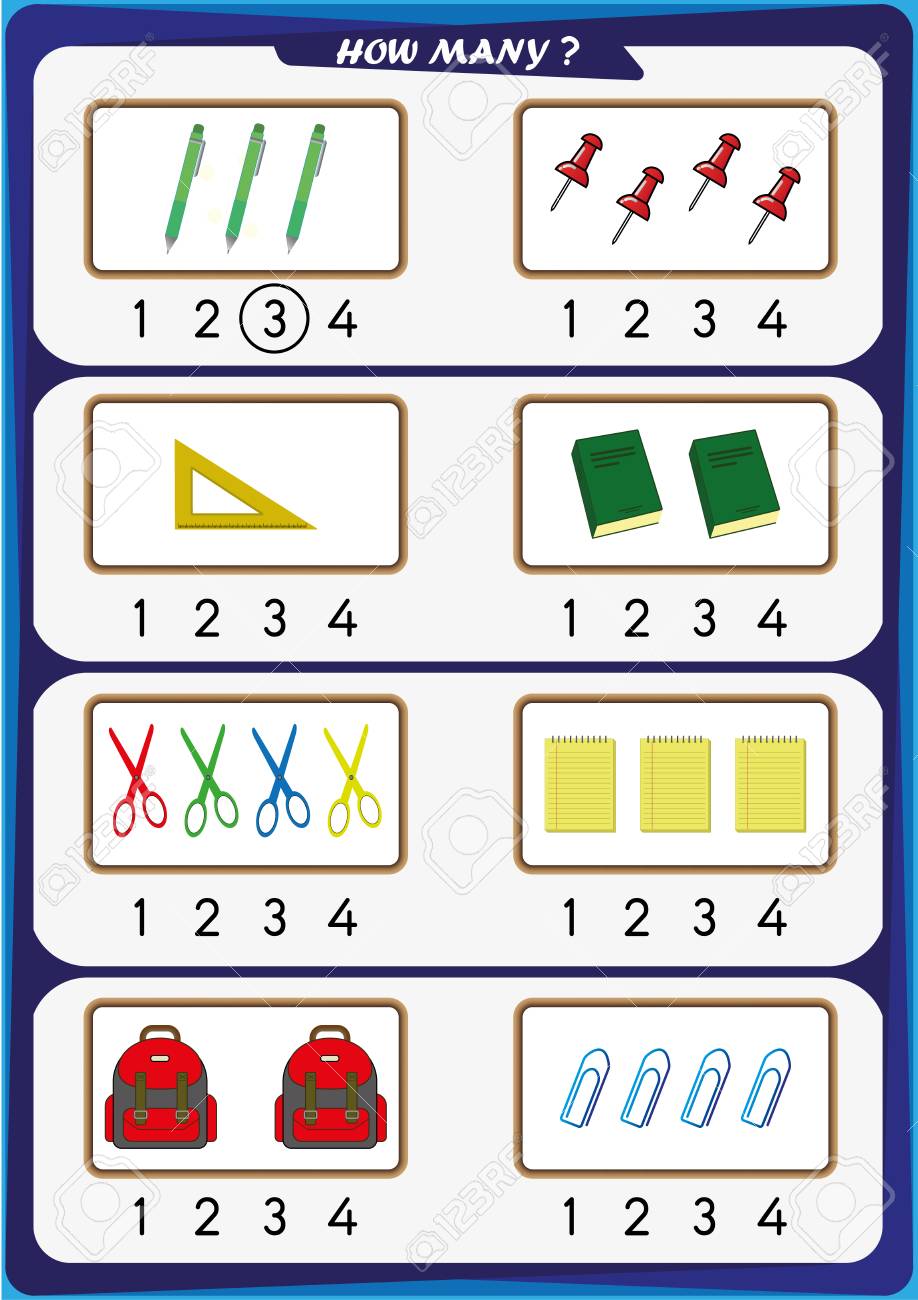 worksheet for kindergarten kids count the number of objects learn the numbers 1 2 3 4 royalty free svg cliparts vectors and stock illustration image 95229526