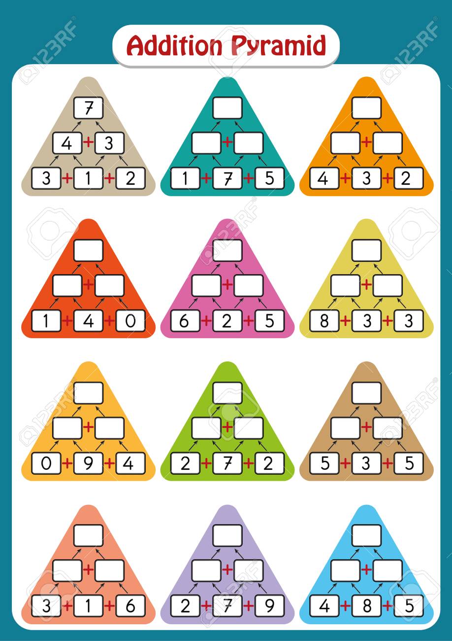 Maths Pyramids for Mental Maths Practice, complete the missing numbers, math worksheet for kindergarten students - 97359219 Maths Pyramids for Mental Maths Practice, complete the missing numbers, math worksheet for kindergarten students - 97359219