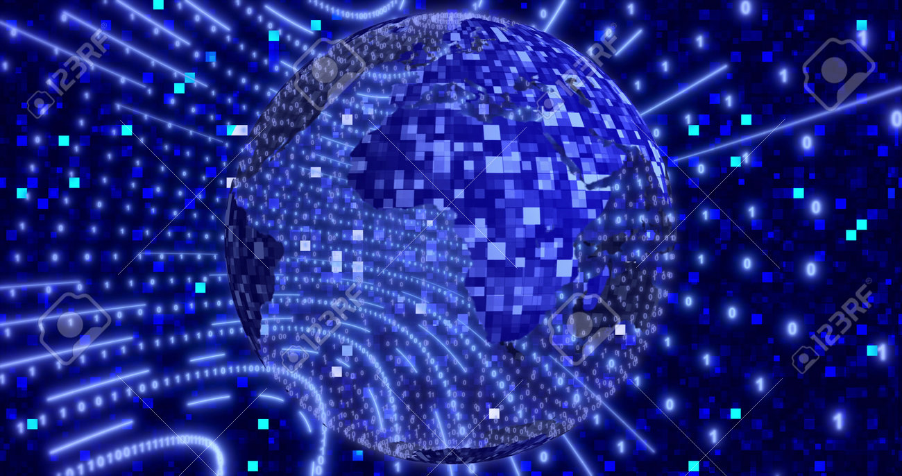 Neon Digital Binary Background With Rotating Planet Earth Animation For Network Big Data Data Center Digital Event 3d Illustration Fotos Retratos Imagenes Y Fotografia De Archivo Libres De Derecho Image