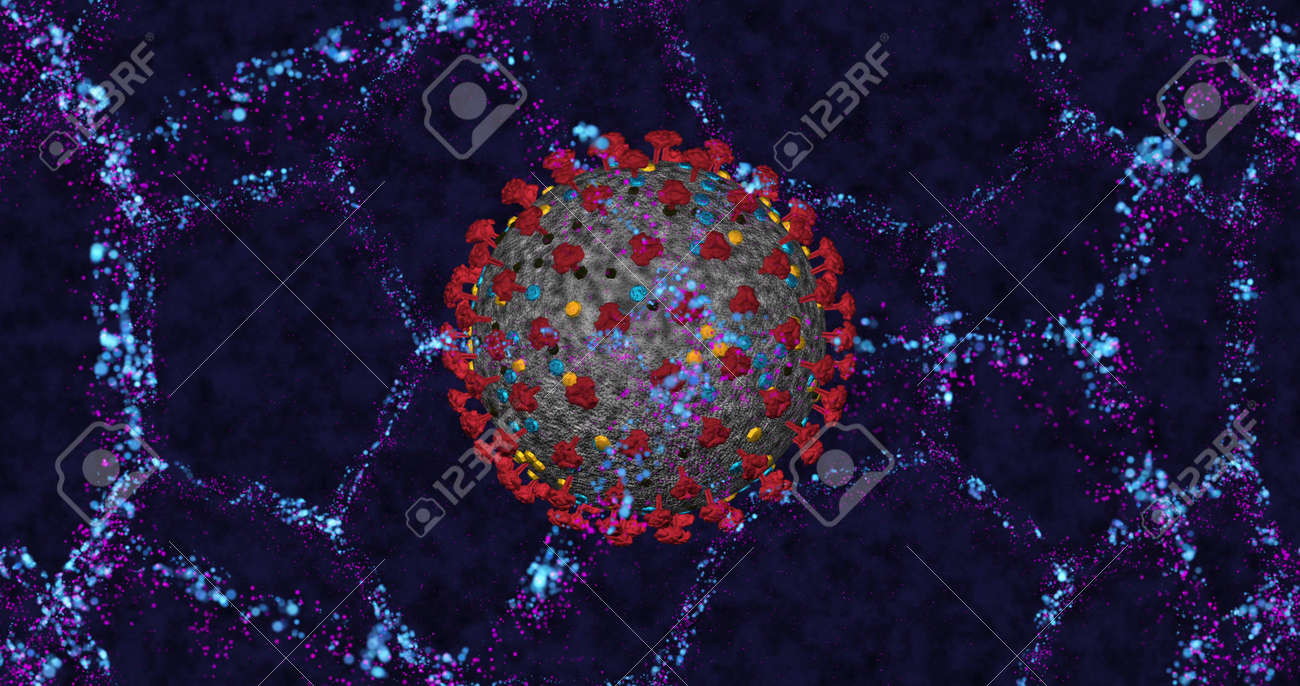 Coronavirus cell COVID-19 close up on neon molecular structure background. Spread disease animation. 3D rendering 3D illustration - 165178067 Coronavirus cell COVID-19 close up on neon molecular structure background. Spread disease animation. 3D rendering 3D illustration - 165178067