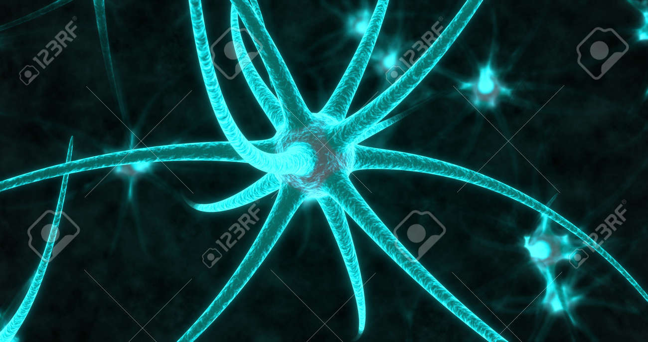 Neon neuron cells on the black background. 3D illustration - 170635106 Neon neuron cells on the black background. 3D illustration - 170635106