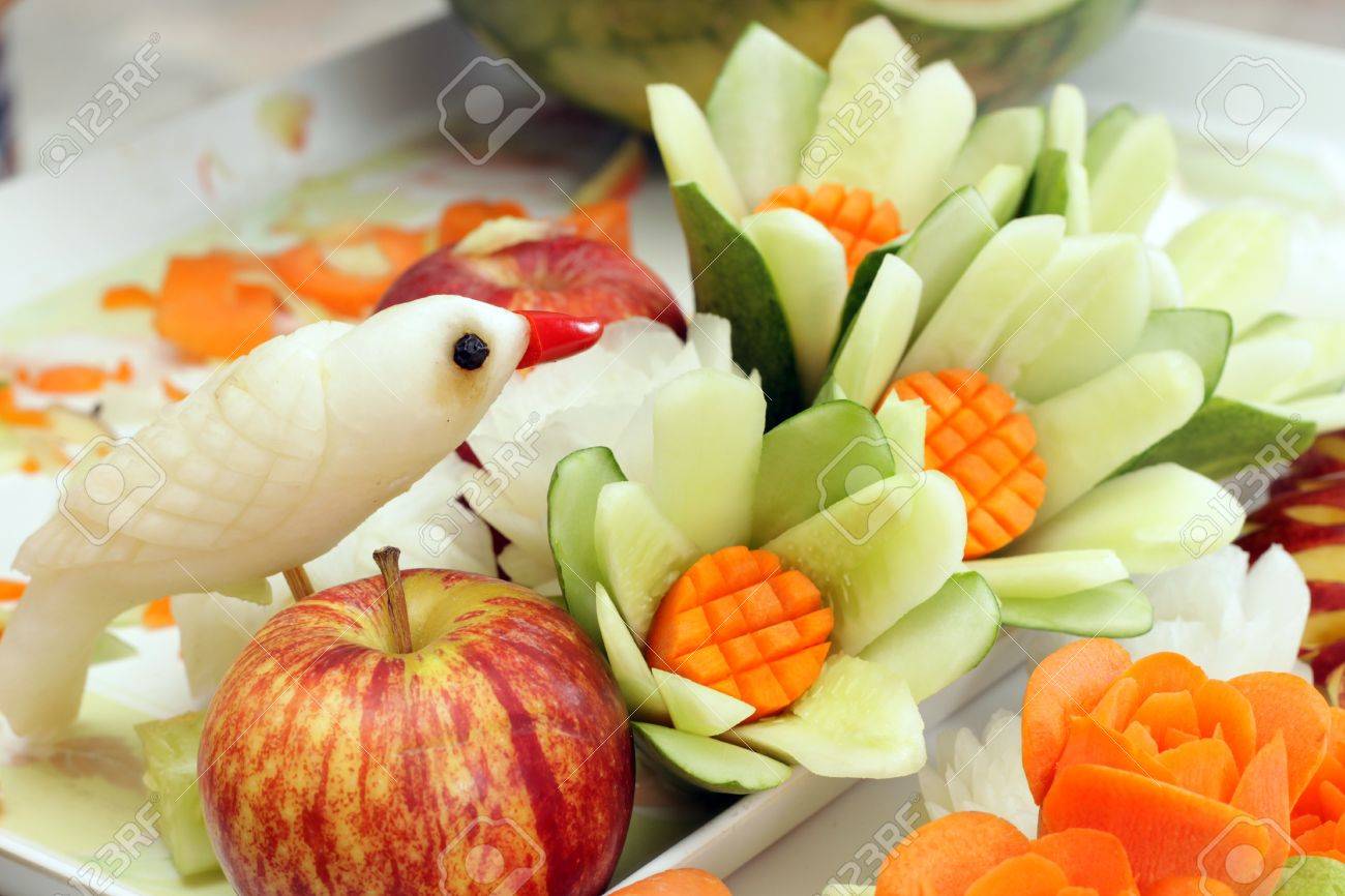 Carved Fruits And Vegetables In The Basket Stock Photo, Picture and Royalty  Free Image. Image 13817453., image size:1300x866