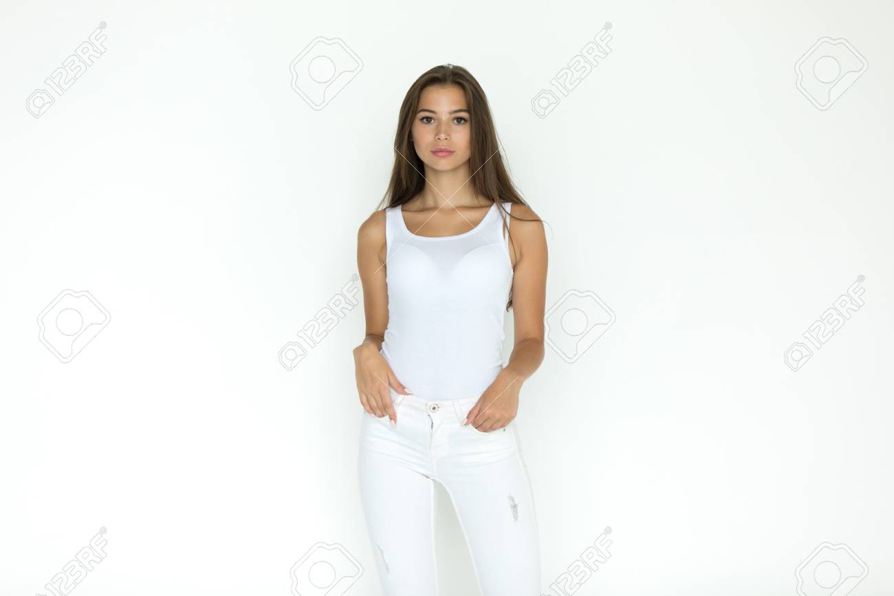 attractive young woman in blank white tank top mock up tank top mock up