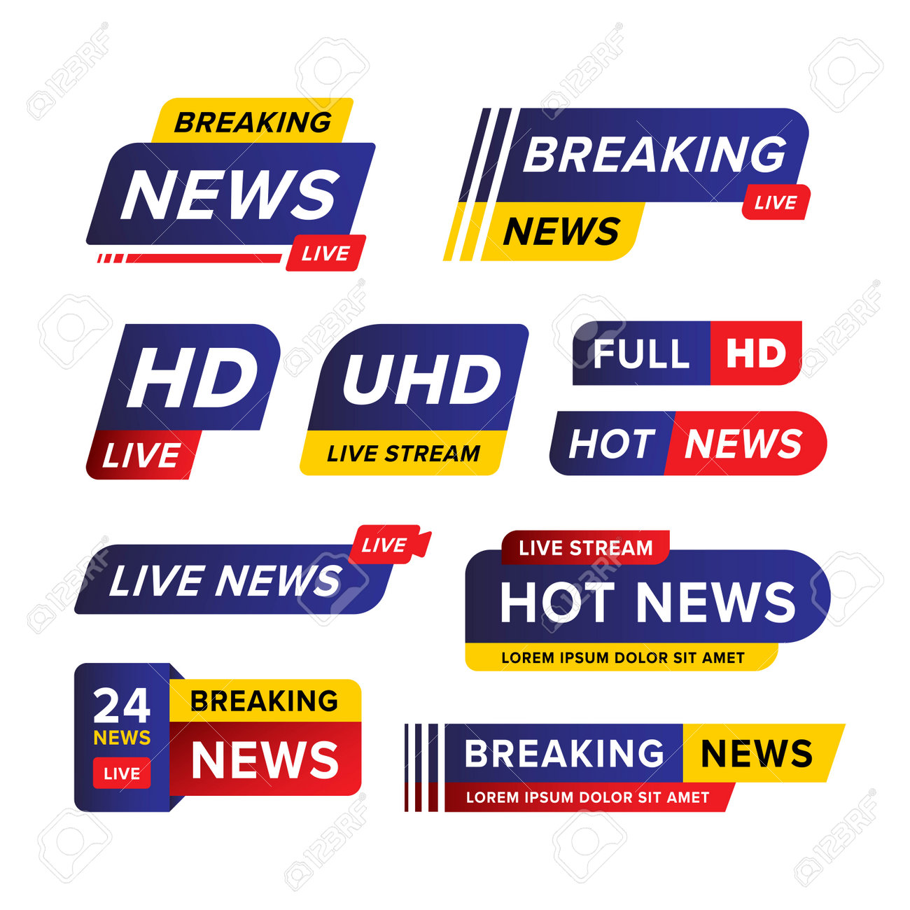 Set of breaking news banner template designed in blue red and yellow in various different shape and style. Creative vector illustration. Premium vector - 162381917 Set of breaking news banner template designed in blue red and yellow in various different shape and style. Creative vector illustration. Premium vector - 162381917