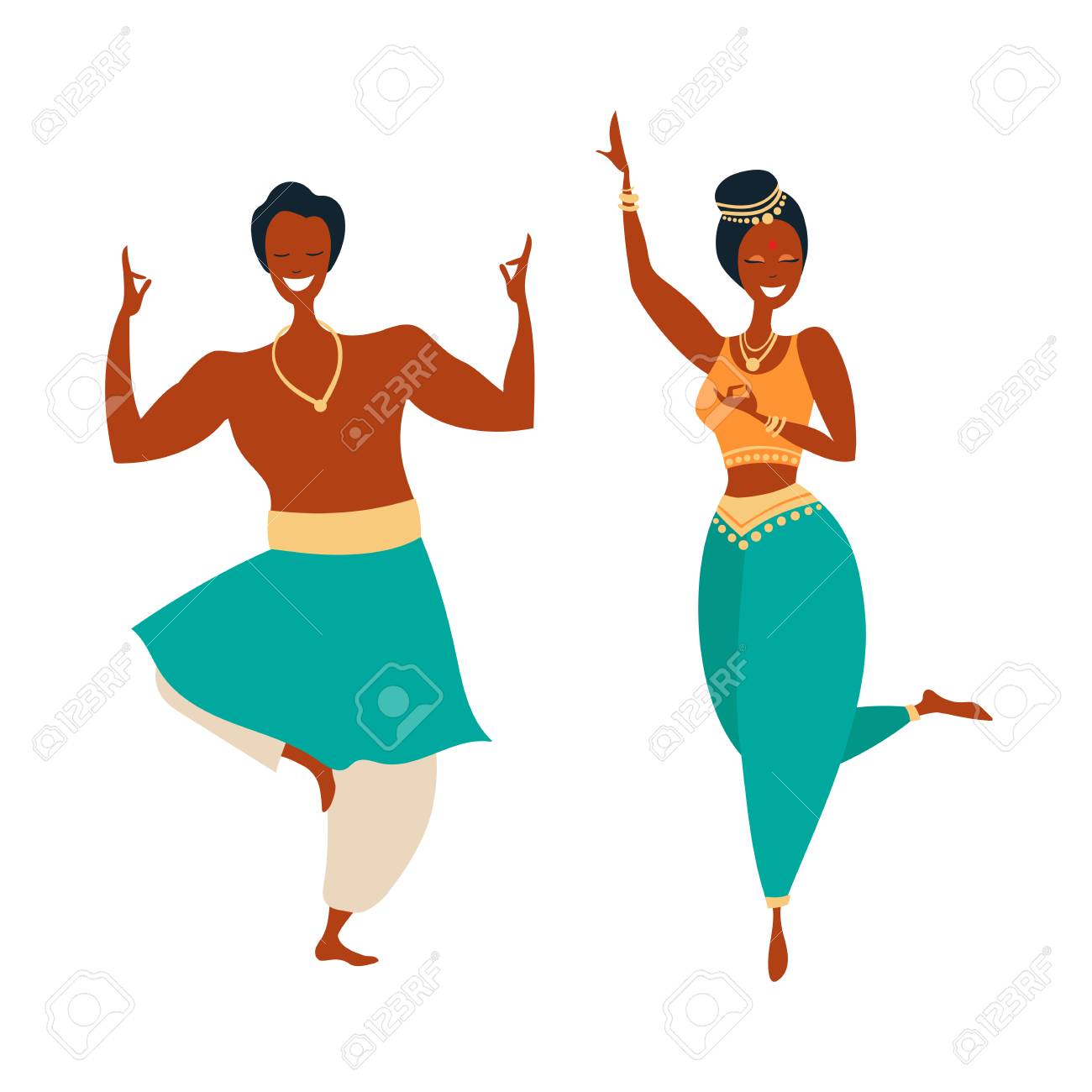 インドのダンサーのセット 様々なポーズベクターフラットイラストで踊る幸せな人々 白い背景に孤立して踊る男女 のイラスト素材 ベクタ Image