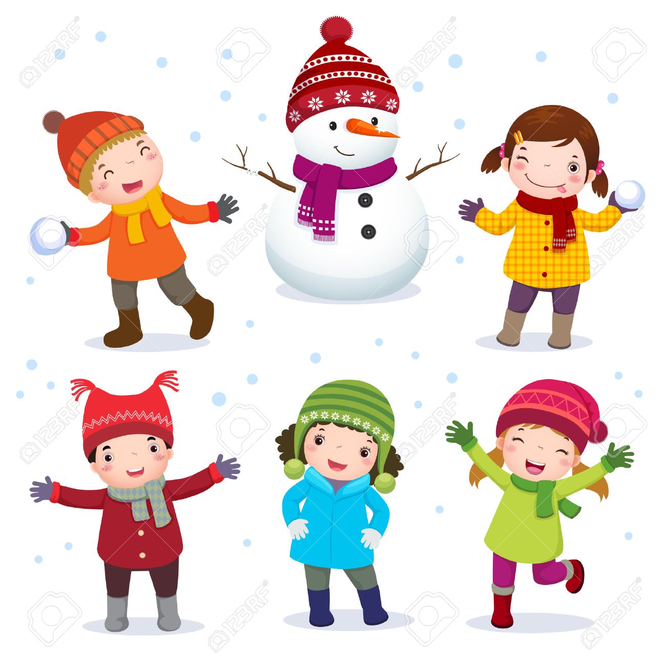 冬衣装で雪だるまと子供のコレクションの図 のイラスト素材 ベクタ Image