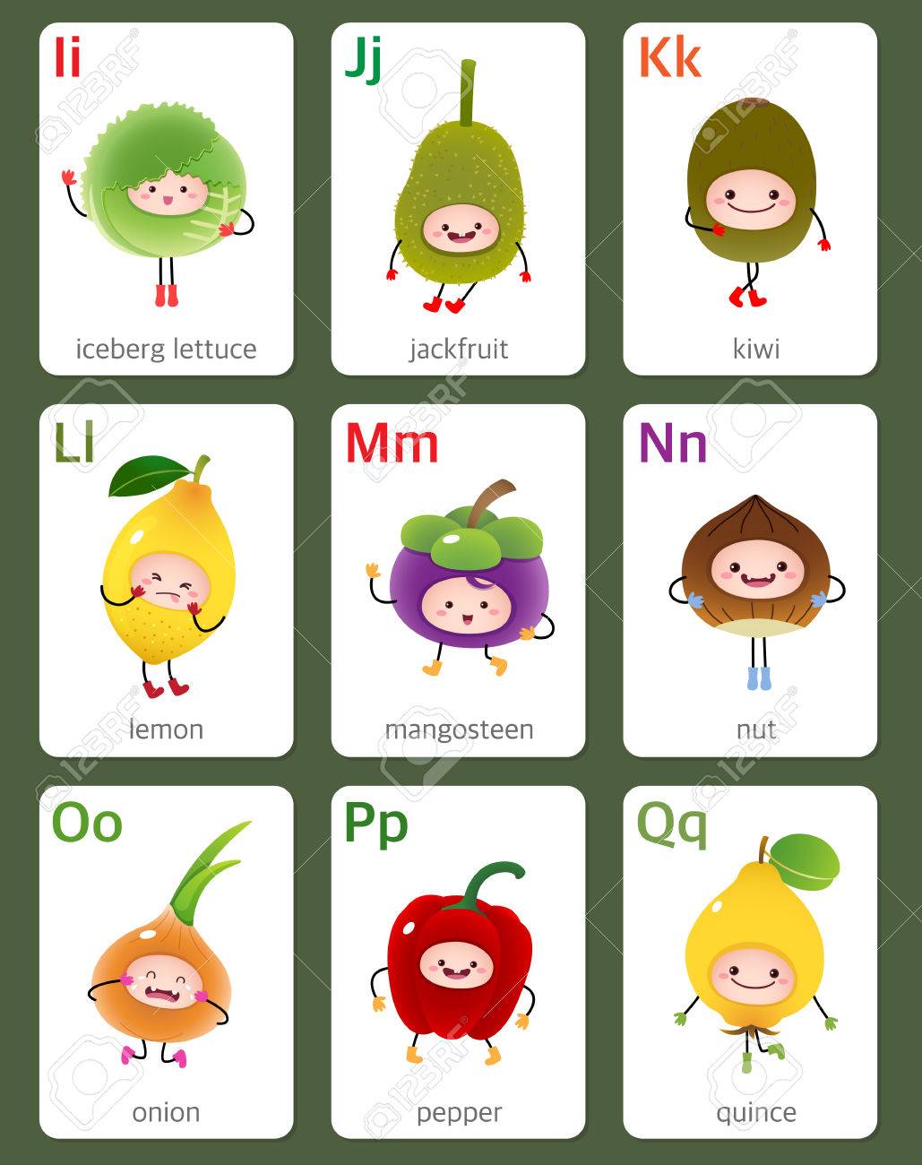 Illustration Von Druckbaren Flashkarte Englischen Alphabets Von I Bis Q Mit Obst Und Gemuse Lizenzfrei Nutzbare Vektorgrafiken Clip Arts Illustrationen Image