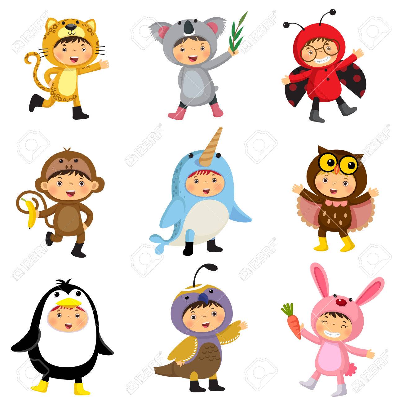 Set Of Cute Kids Wearing Animal Costumes. Jaguar, Koala, Ladybird, Monkey,  Narwhal, Owl, Penguin, Quail, Rabbit. Royalty Free Cliparts, Vectors, And  Stock Illustration. Image 64336667.