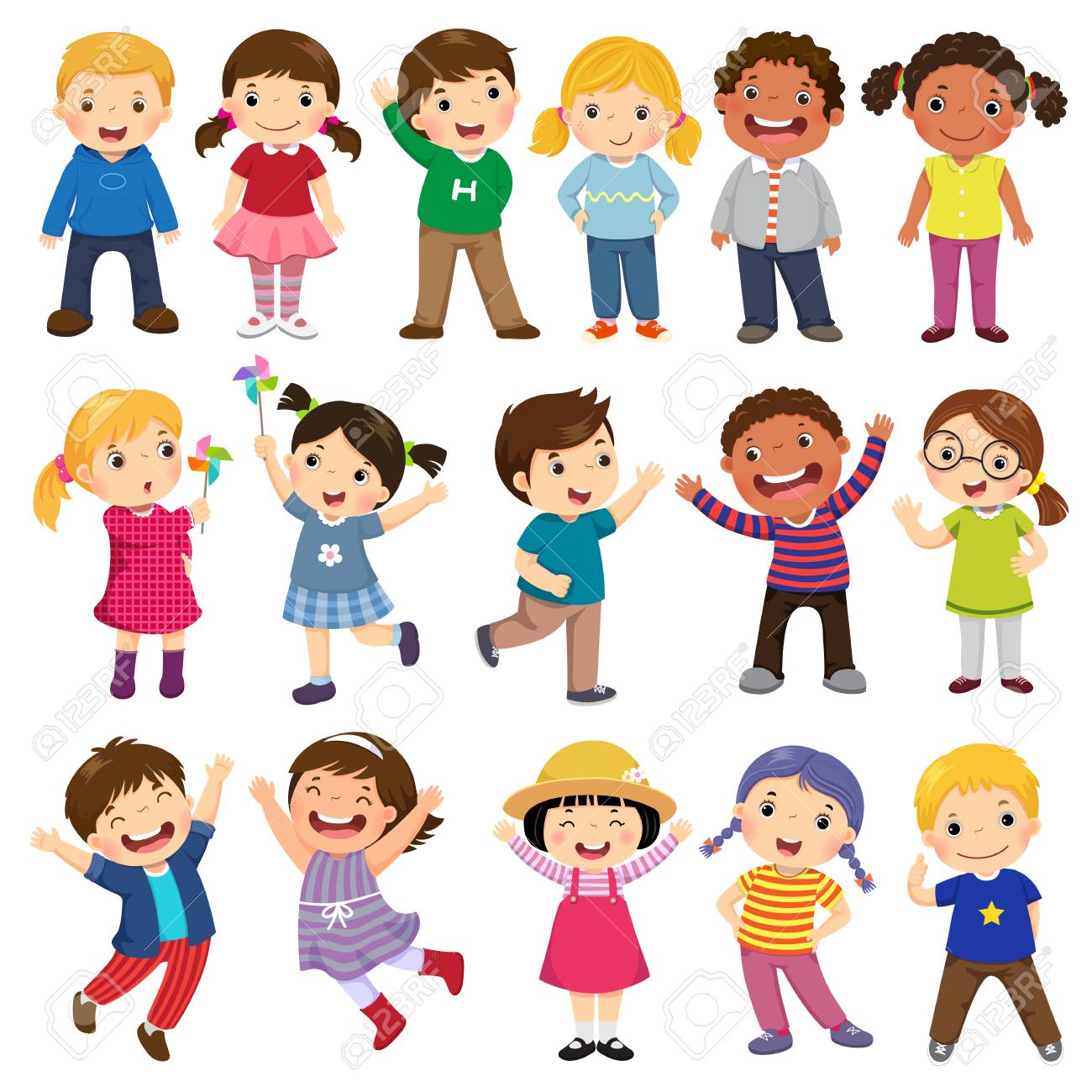 Happy kids cartoon collection. Multicultural children in different positions isolated on white background - 94427881 Happy kids cartoon collection. Multicultural children in different positions isolated on white background - 94427881