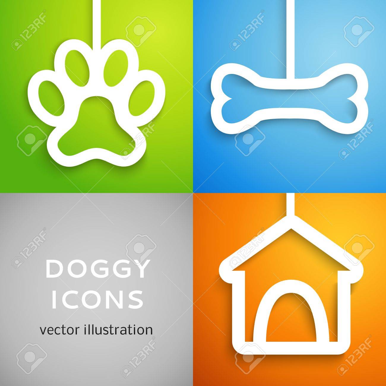 アップリケ犬アイコンのセットです 幸せな犬の設計のためのベクトル図犬小屋 骨および動物のフット プリントはホワイト ペーパーをカットしました カラフルな背景に分離しました のイラスト素材 ベクタ Image