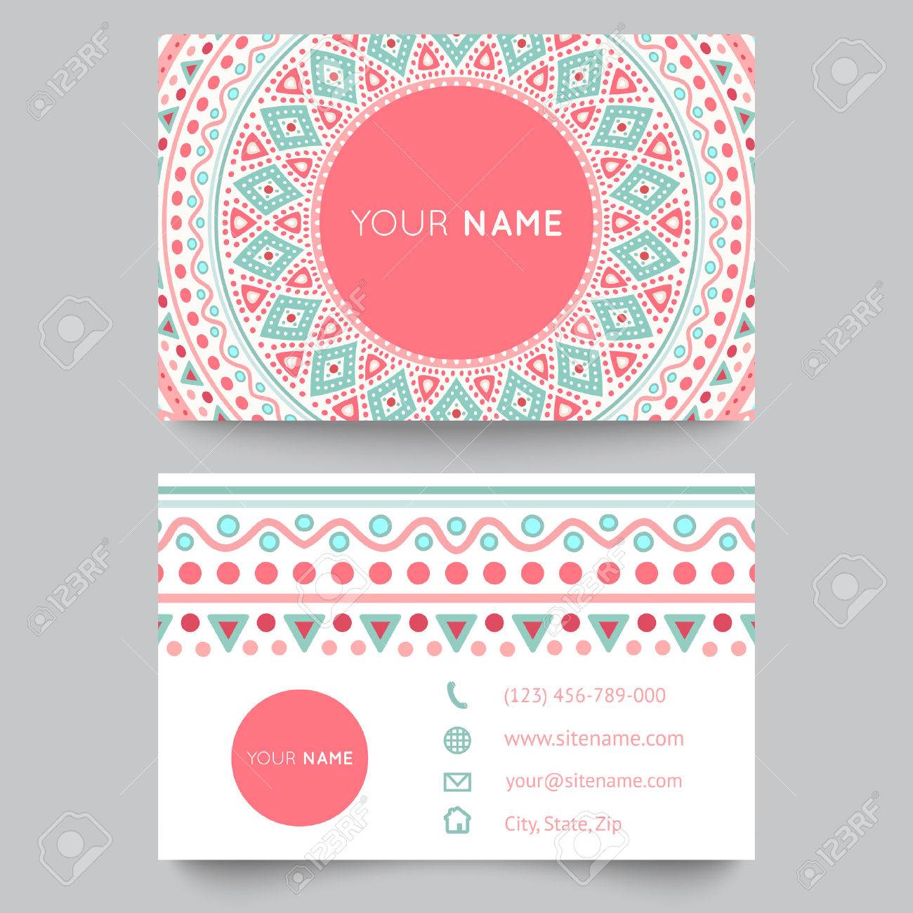 Business Card Template Blue White And Pink Beauty Fashion Pattern