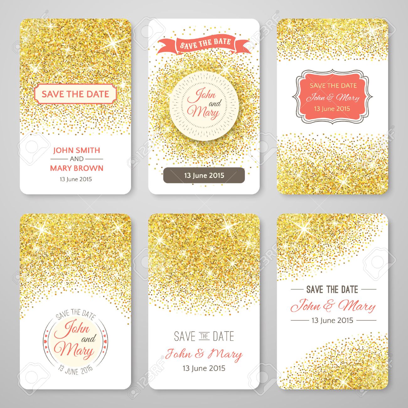 Set of perfect wedding templates with golden confetti theme. Ideal for Save The Date, baby shower, mothers day, valentines day, birthday cards, invitations. Vector illustration for gold design. - 50437918 Set of perfect wedding templates with golden confetti theme. Ideal for Save The Date, baby shower, mothers day, valentines day, birthday cards, invitations. Vector illustration for gold design. - 50437918