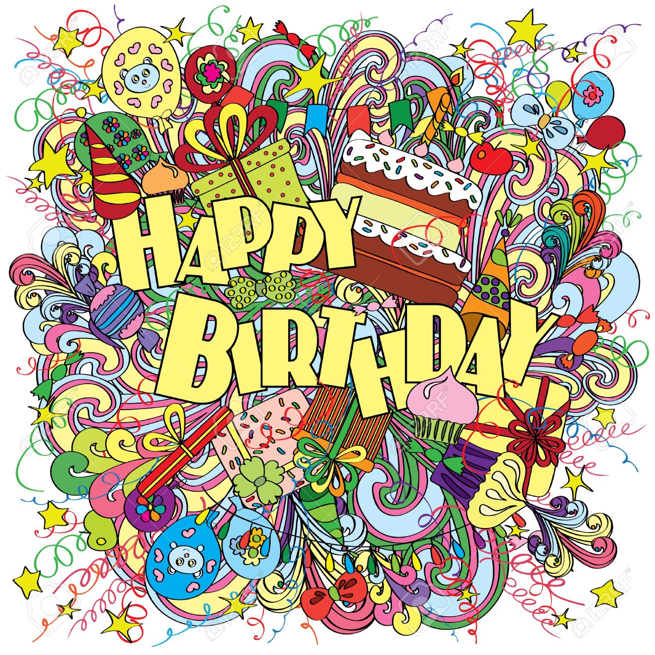 Joyeux Anniversaire Carte De Voeux Sur Fond Avec Des Elements De Celebration Voeux D Anniversaire D Amusement Lumineux Et Original Fait Dans Le Style De Griffonnage Cadeaux Gateaux Et Bonbons Affiche Enthousiaste Clip Art