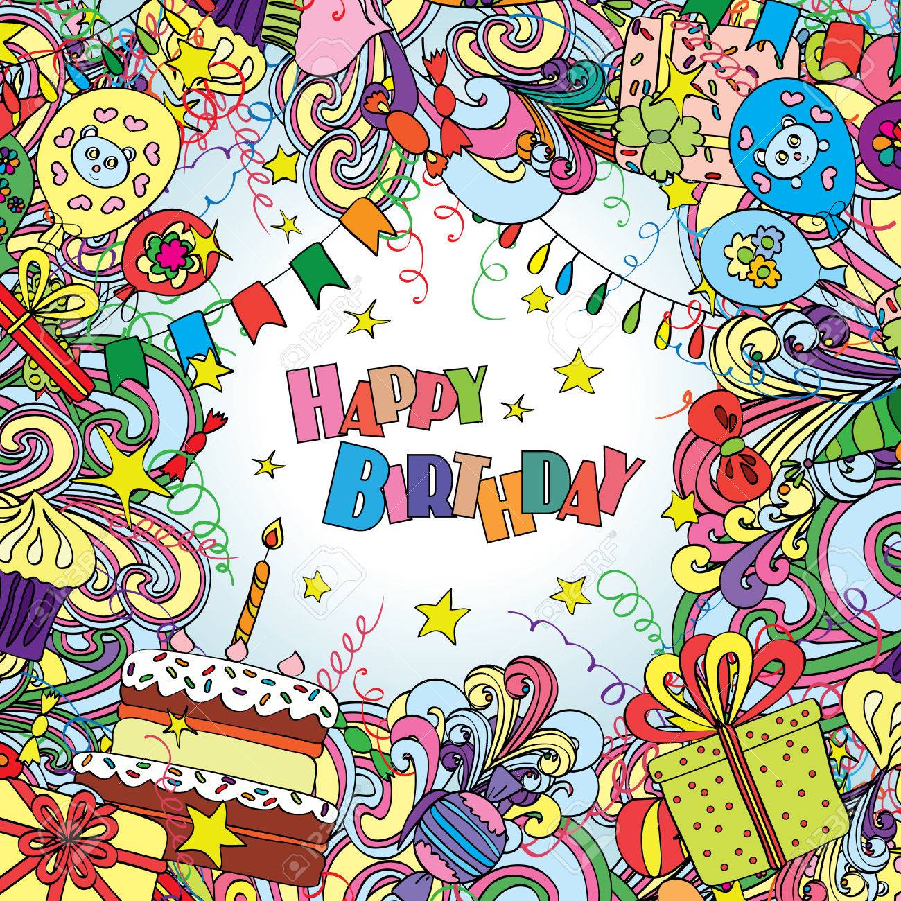 Happy Birthday greeting card on white background with celebration elements. - 53985602 Happy Birthday greeting card on white background with celebration elements. - 53985602