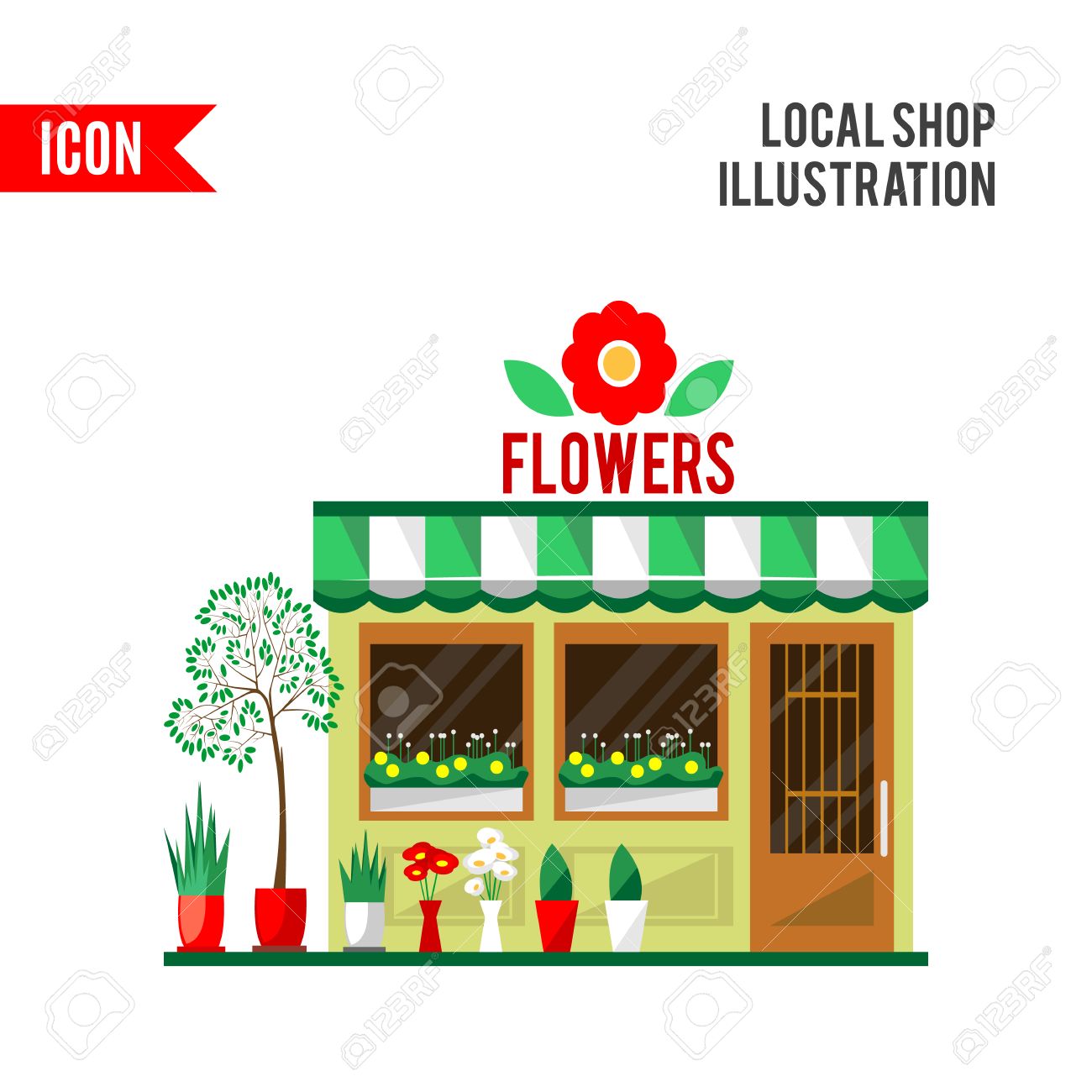 花の店のイラスト 小さなかわいいレトロな家 店 ショップや緑の日よけとブティック 花のブティック 消費者の植木鉢 フラット スタイルのアイコン 花屋 かわいい植物 の写真素材 画像素材 Image