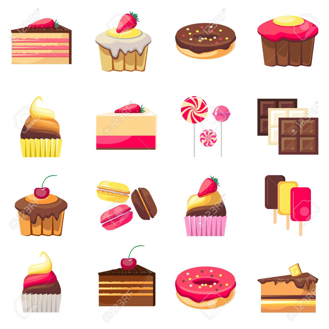 15 おいしいデザートのセットです おいしいケーキ キャラメル ロリポップ ドーナツ マフィン チョコレートのすべての種類 デザート メニューに使用できます フルーツとお菓子 各種菓子 の写真素材 画像素材 Image