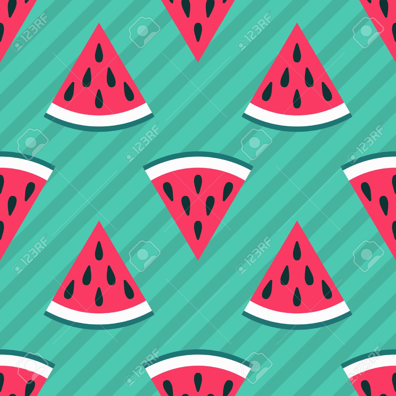 緑の背景にかわいいシームレスなスイカ模様 甘い夏のフルーツのためのベクトル図を設計します 生鮮食品の飾りにスライスします 壁紙をかなり繰り返します 明るいおいしい漫画の装飾 のイラスト素材 ベクタ Image