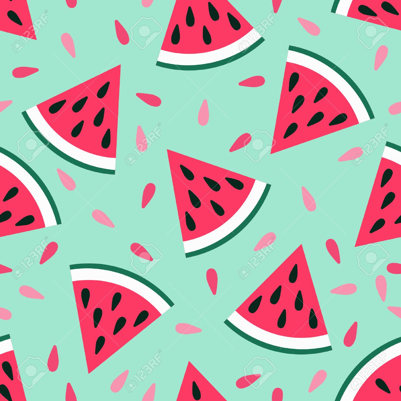 Cute seamless watermelon pattern on blue background. Vector illustration for sweet summer fruit design. Slice fresh food ornament. Pretty repeat wallpaper. Bright tasty cartoon decoration - 61828542 Cute seamless watermelon pattern on blue background. Vector illustration for sweet summer fruit design. Slice fresh food ornament. Pretty repeat wallpaper. Bright tasty cartoon decoration - 61828542