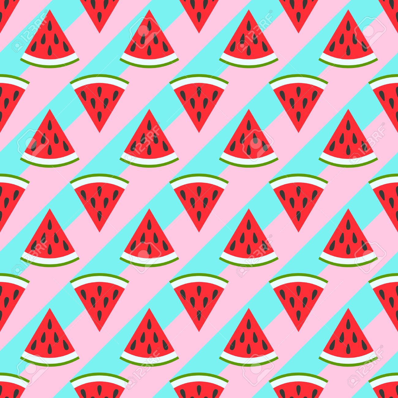 緑の背景にかわいいシームレスなスイカ模様 甘い夏のフルーツのためのベクトル図を設計します 生鮮食品の飾りにスライスします 壁紙をかなり繰り返します 明るいおいしい漫画の装飾 のイラスト素材 ベクタ Image