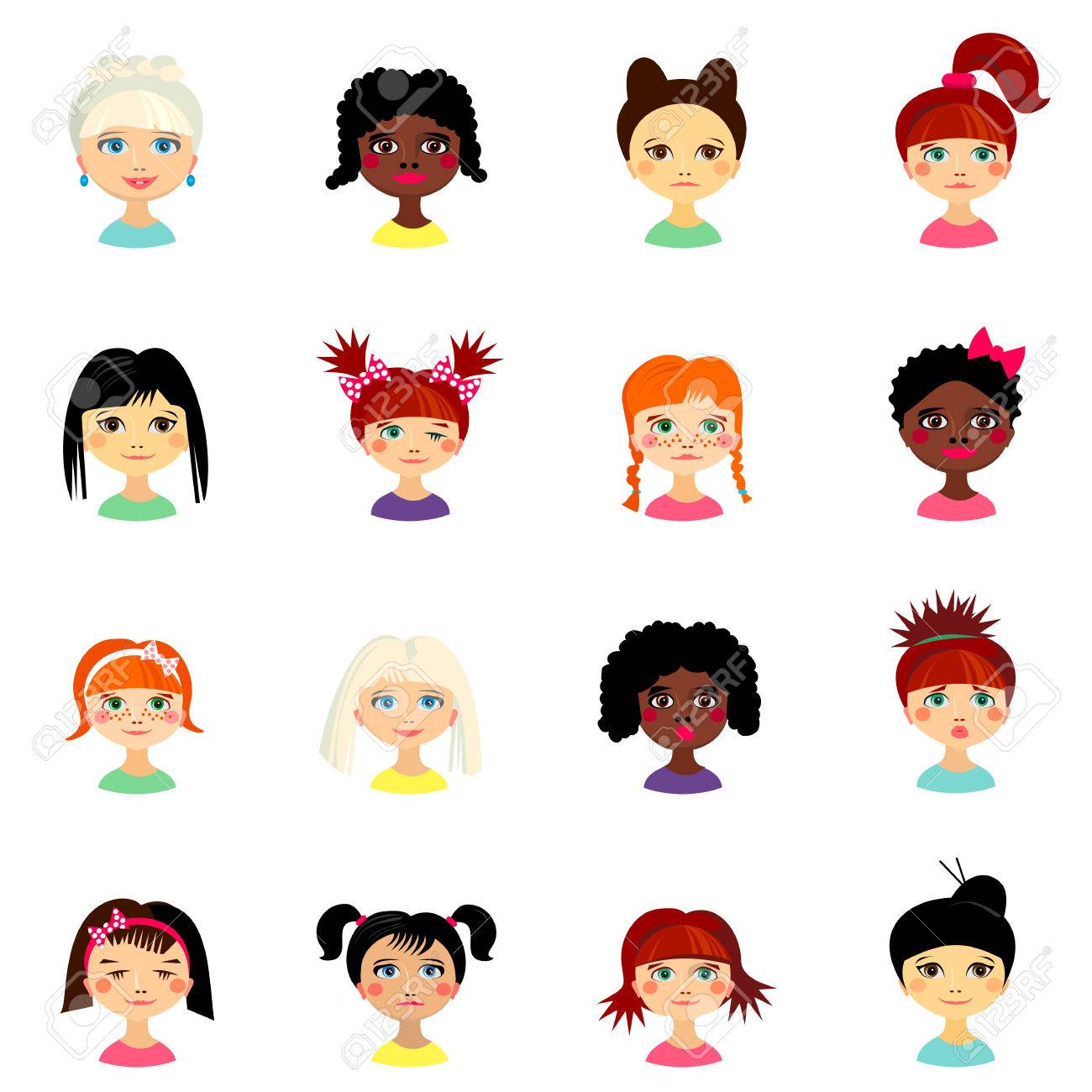 アバターは 別民族起源のレディース セットします 変な顔 さまざまな国籍の女の子 ルックスとヘアスタイルの種類を持つ女性 漫画のスタイル ベクトル設計図 のイラスト素材 ベクタ Image