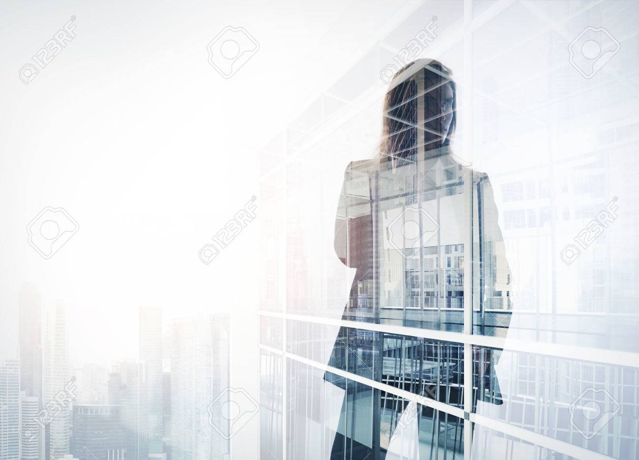 Photo of businesswoman. Double exposure, city on the background. Blurred background - 52906023 Photo of businesswoman. Double exposure, city on the background. Blurred background - 52906023