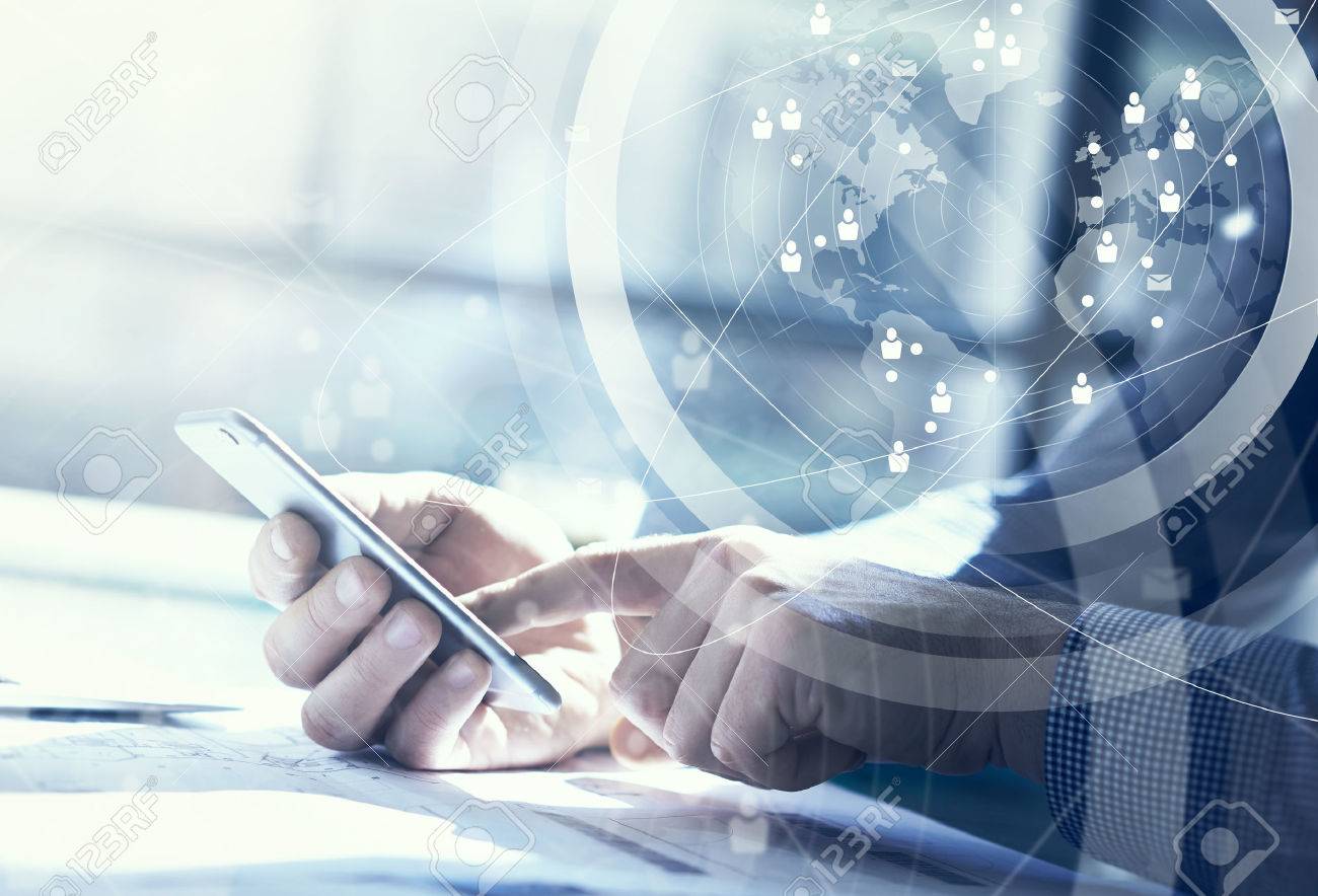 Business concept. Businessman working generic design laptop and smartphone. Worldwide connection technology interface, horizontal - 52908219 Business concept. Businessman working generic design laptop and smartphone. Worldwide connection technology interface, horizontal - 52908219