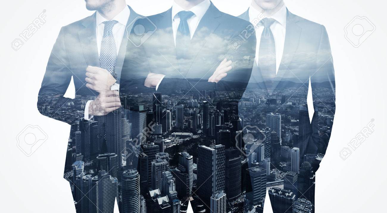 Photo of trio stylish adult businessman wearing trendy suit. Double exposure, panoramic view contemporary city background. Man power, leadership, isolated on white. - 54558333 Photo of trio stylish adult businessman wearing trendy suit. Double exposure, panoramic view contemporary city background. Man power, leadership, isolated on white. - 54558333