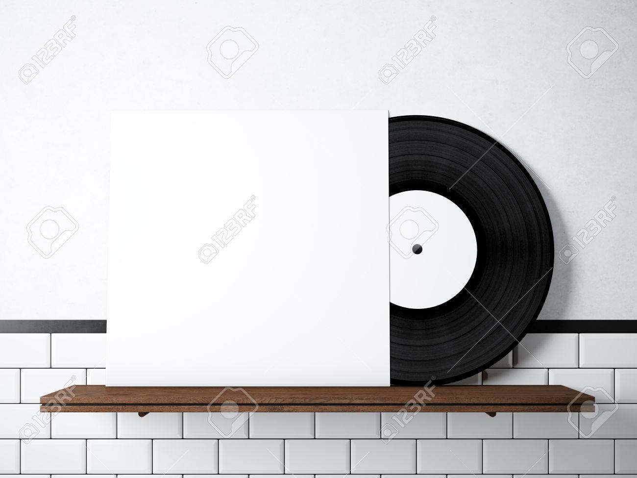 photo vinyl music album template on natural wood bookshelf white music album template