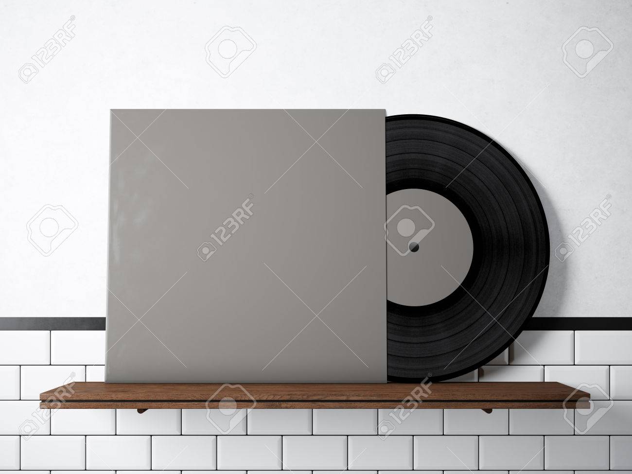 photo vinyl music album template on natural wood bookshelf white music album template