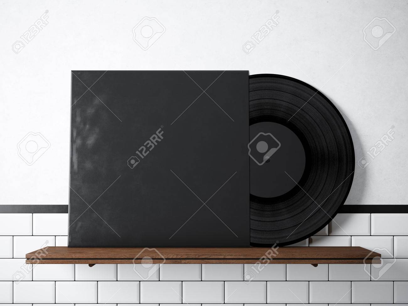 photo vinyl music album template on natural wood bookshelf white music album template