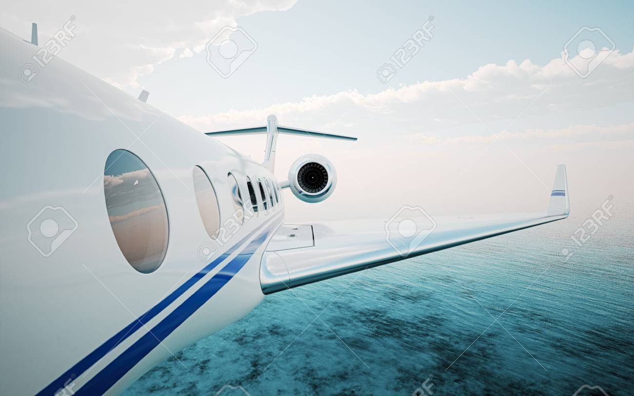 Nahaufnahme Des Realistischen Fotoweiss Generischer Privatjet Des Luxus Der Uber Den Ozean Fliegt Modernes Flugzeug Und Weisse Wolken In Einem Himmel Auf Hintergrund Geschaftsreisekonzept Horizontal 3d Rendering Lizenzfreie Fotos Bilder Und Stock