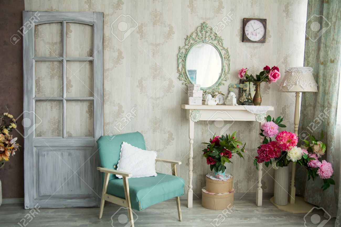 Vintage Country House Interior With Mirror And A Table With A ... Vintage Country House Interior With Mirror And A Table With A ...