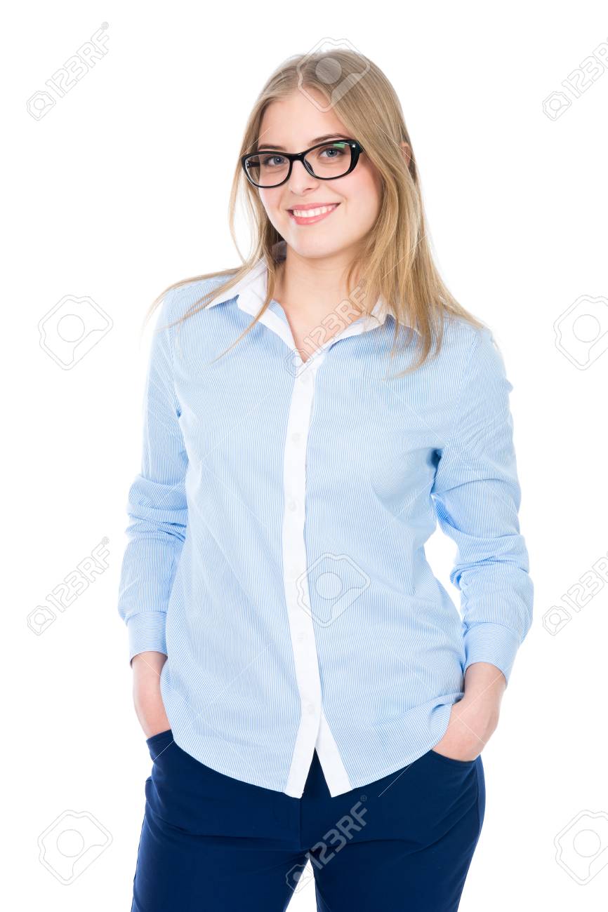 メガネ かわいい女の子これはメガネのシャツでカメラに笑顔でかわいい若い女の子の写真です 孤立した白い背景で撮影します の写真素材 画像素材 Image