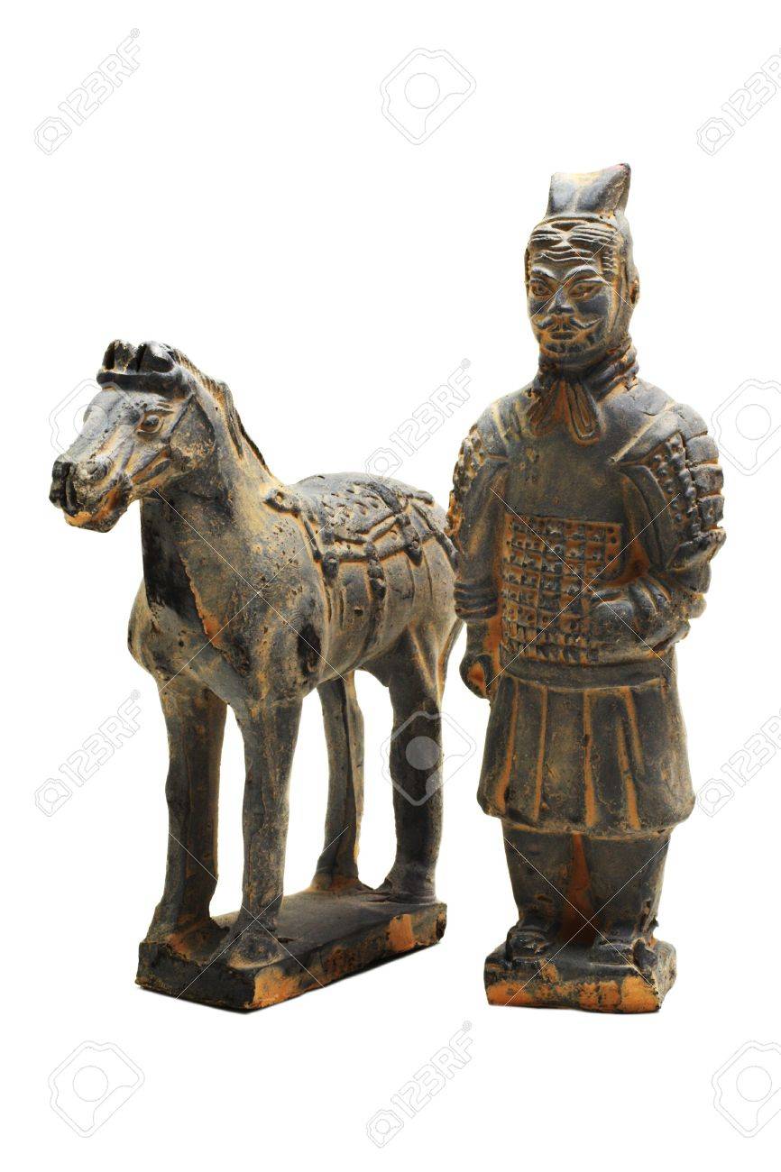 miniature terracotta warrior of oin dynasty with horse on a white background with pretty shadows - 819848 miniature terracotta warrior of oin dynasty with horse on a white background with pretty shadows - 819848