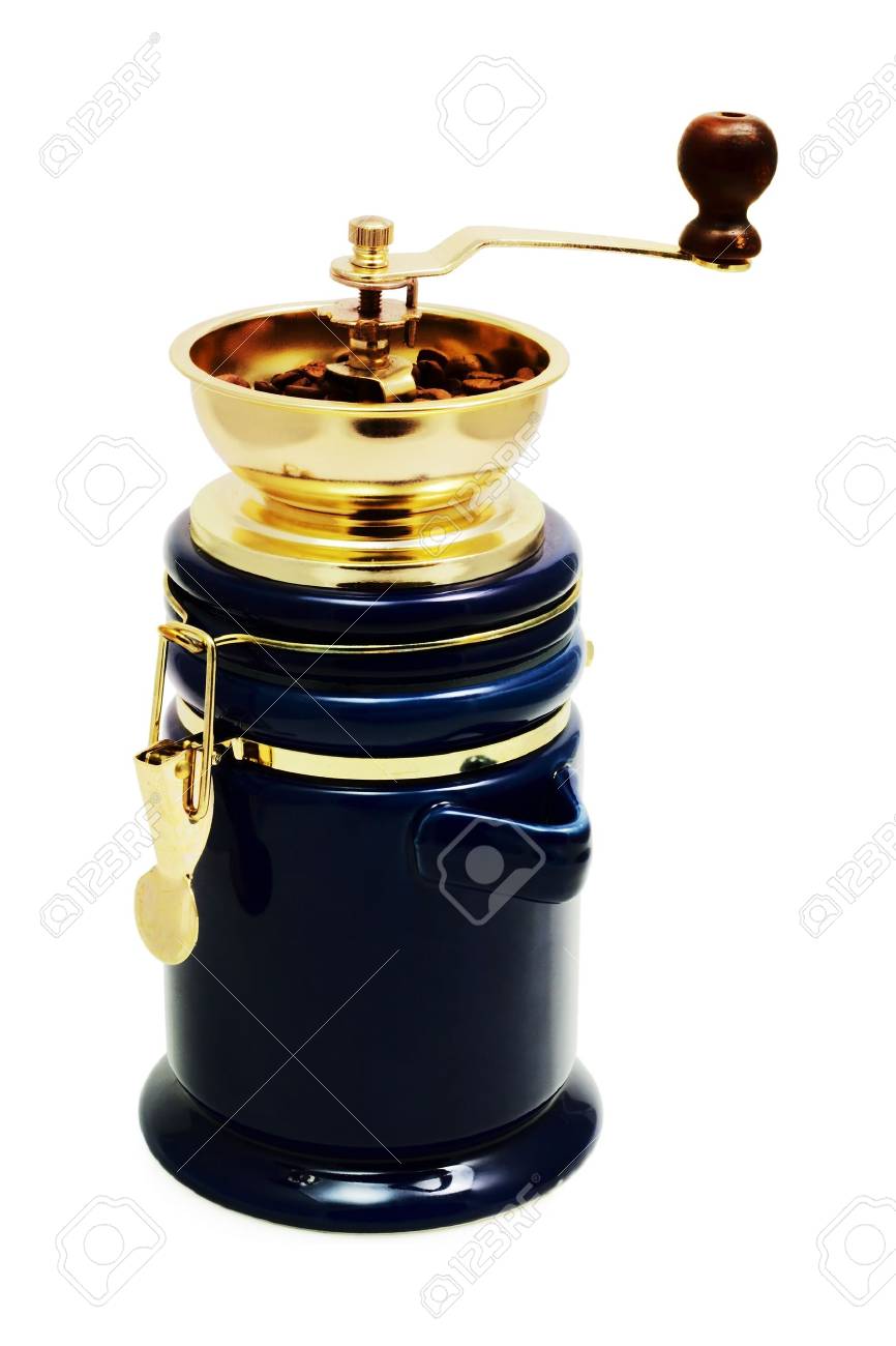 classic coffee grinder with coffee grains on a white background - 819862 classic coffee grinder with coffee grains on a white background - 819862