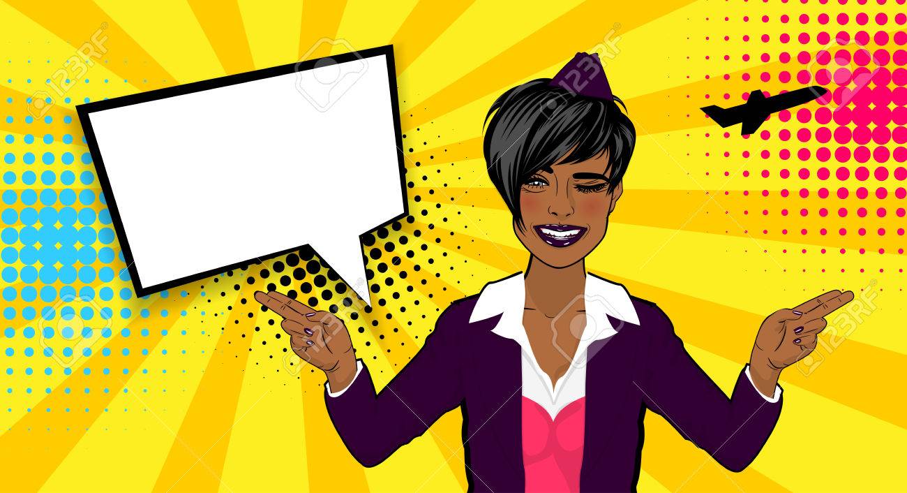 Belle Jeune Fille Sexy Noire Hotesse De L Air Cheveux Longs Pop Art Souriant Style Bd Livre Fond En Demi Teinte Retro Vector Pin Up Illustration Point Vintage Vide Bulle De Texte Comique Blanc