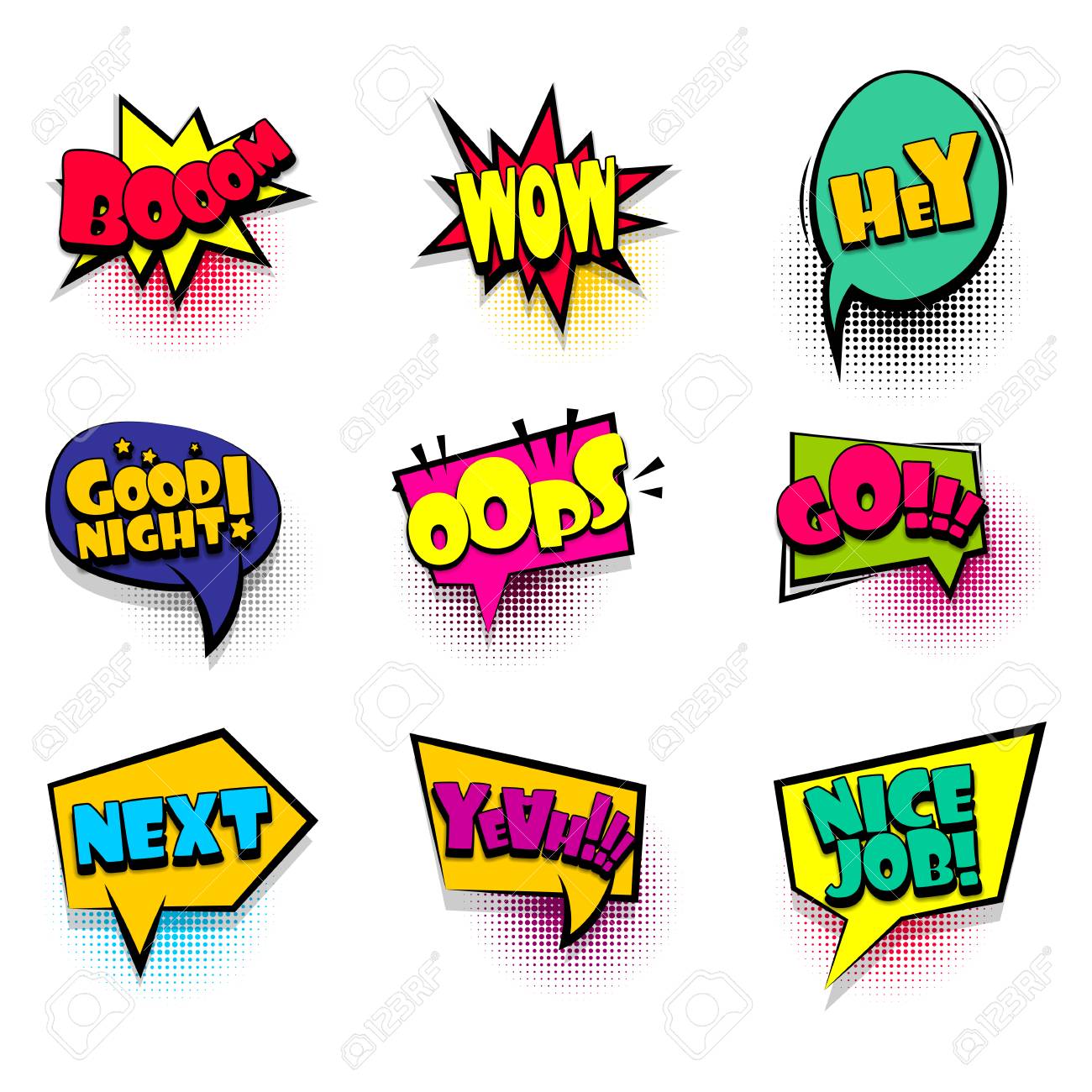 Boom Wow Hey Grossen Satz Comic Schriftart Blase Effekte Vorlage Sprechchat Sprudelt Halbtonpunkthintergrund Pop Art Dialog Cloud Text Stil Pop Art Kreatives Ideensprache Ballongesprachs Comic Buch Lizenzfrei Nutzbare Vektorgrafiken Clip Arts