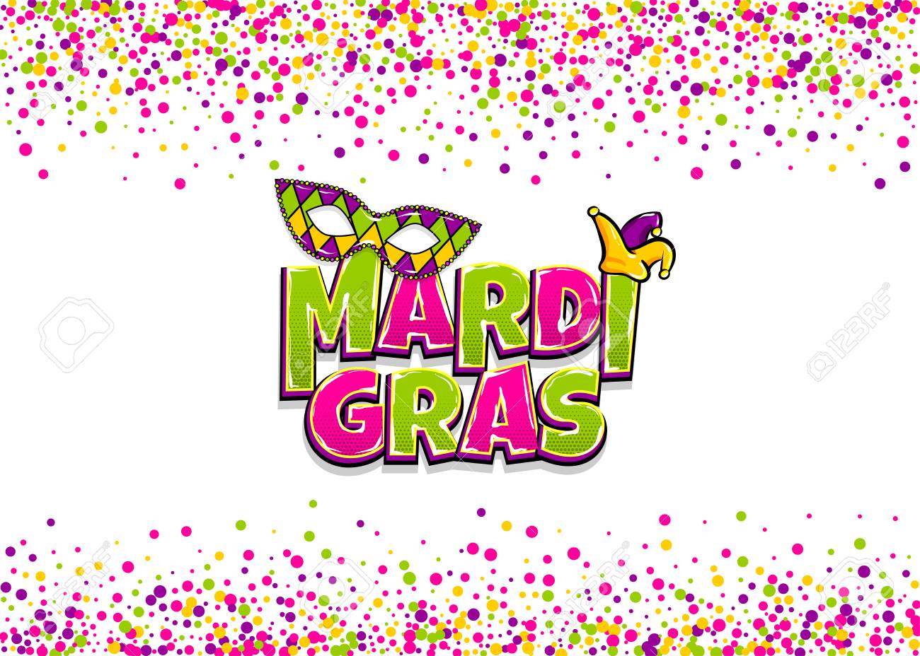 Masque De Texte De Bandes Dessinees Isole Couleurs Chatoyantes Tombant Au Hasard Mardi Gras Fat Tuesday Carnaval Carnaval Pays Francophone Bande Dessinee Illustration De Vecteur De Dessin Anime Pop Art Fond