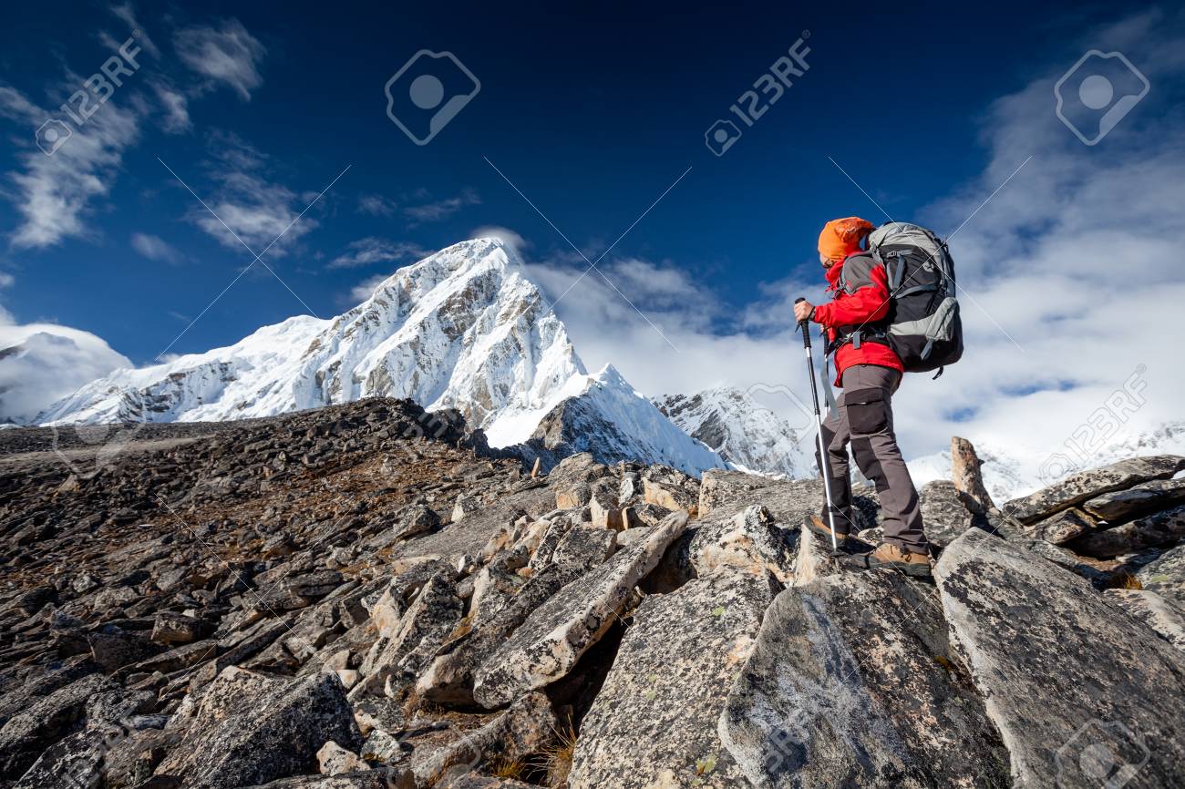 Hiker on the trek in Himalayas, Khumbu valley, Nepal - 22484948 Hiker on the trek in Himalayas, Khumbu valley, Nepal - 22484948