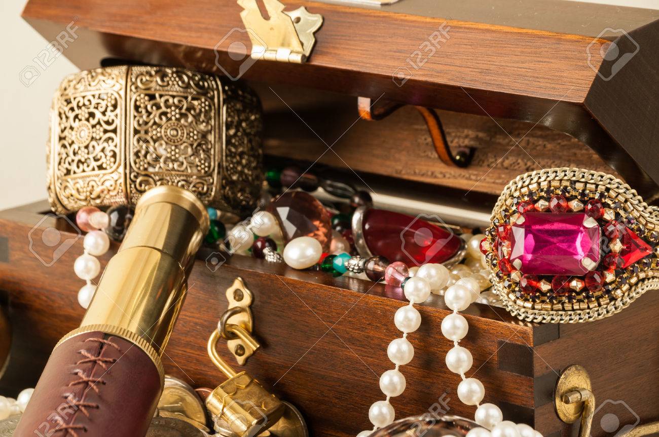 Pirate Treasure Chest With Pearls Jewels Coins And Glass Stock Photo Picture And Royalty Free Image Image