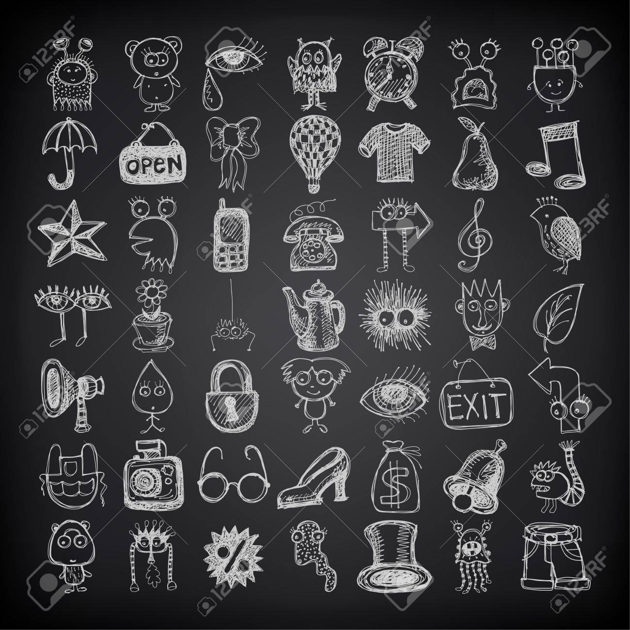 49 Hand Drawing Doodle Icon Set On Black Background Royalty Free