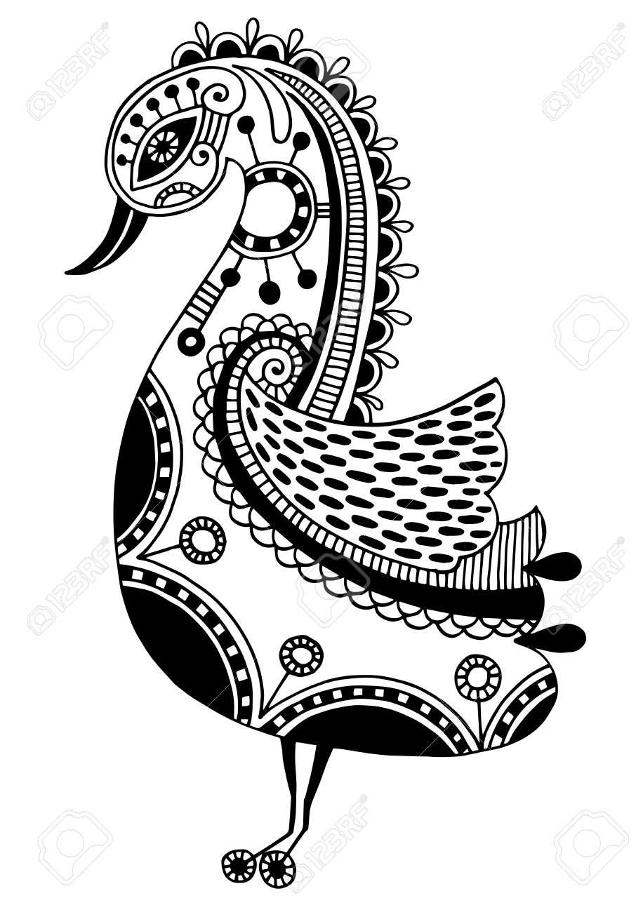 Dessin à Lencre De Loiseau Tribal Ornemental Motif Ethnique Noir Et Blanc Illustration Vectorielle