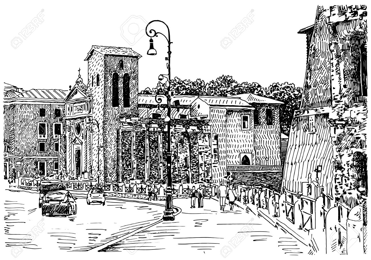 Black And White Sketch Hand Drawing Of Rome Italy Famous Cityscape