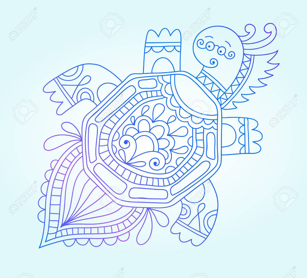 blue line drawing of sea monster underwater decorative tortoise blueline print