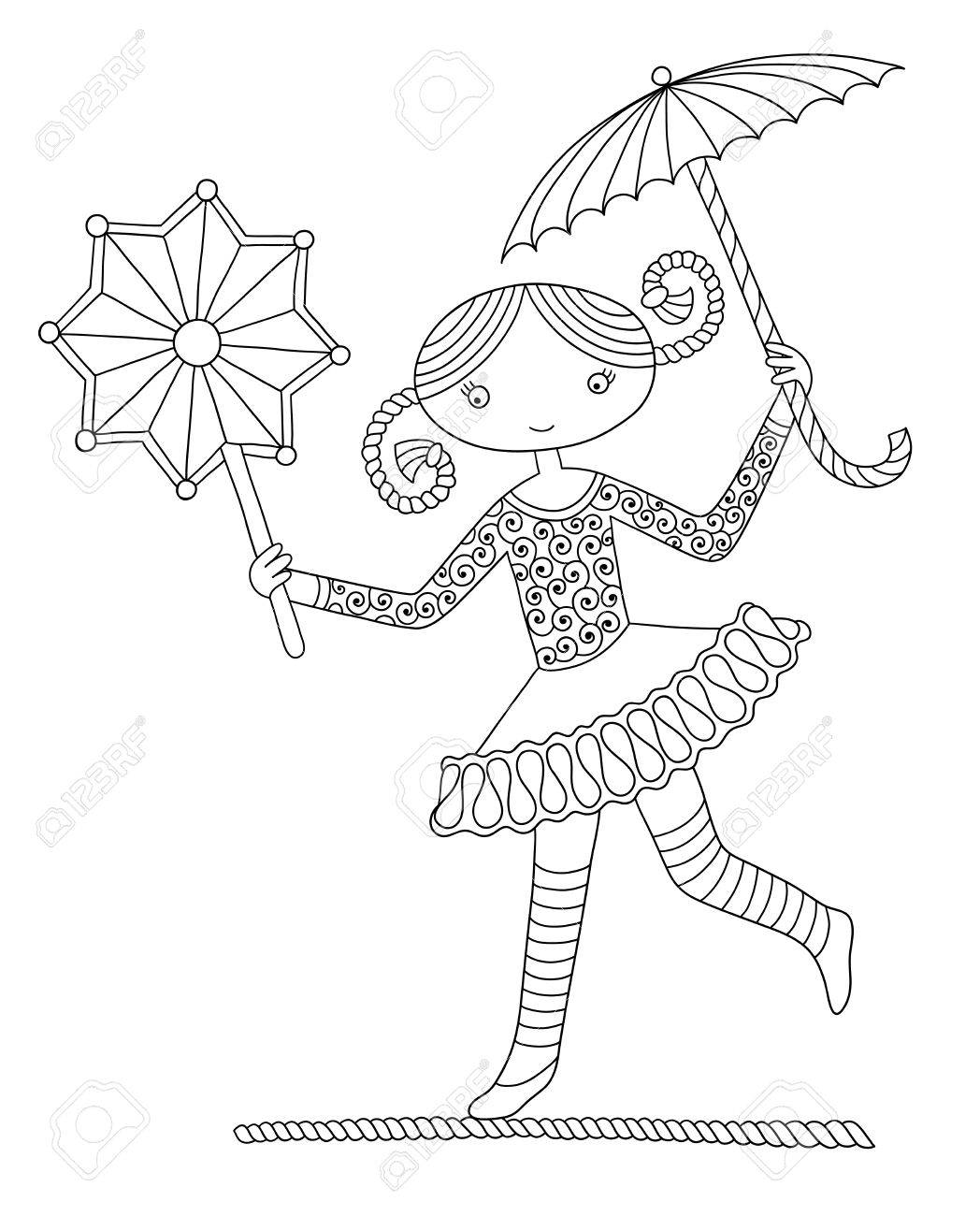 noir et blanc art illustration ligne du th¨me du cirque jolie fille acrobate sur la