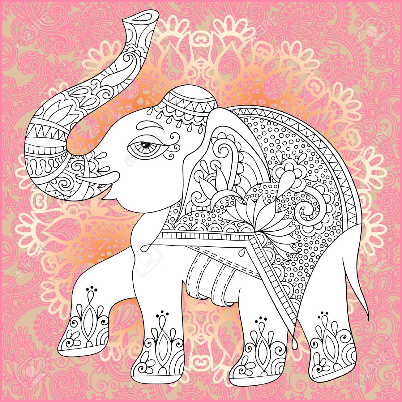 Vettoriale Pagina Del Libro Da Colorare Unica Per Adulti Disegno Paisley Con Elefanti Gioia Per I Bambini Piu Grandi E Coloristi Adulti A Cui Piace La Line Art E La