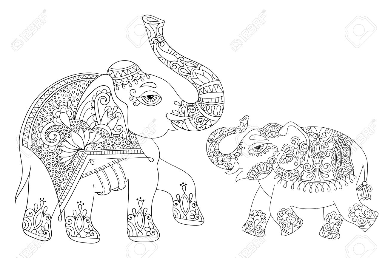 ethnic indian elephant line original drawing adults coloring book page black and white vector