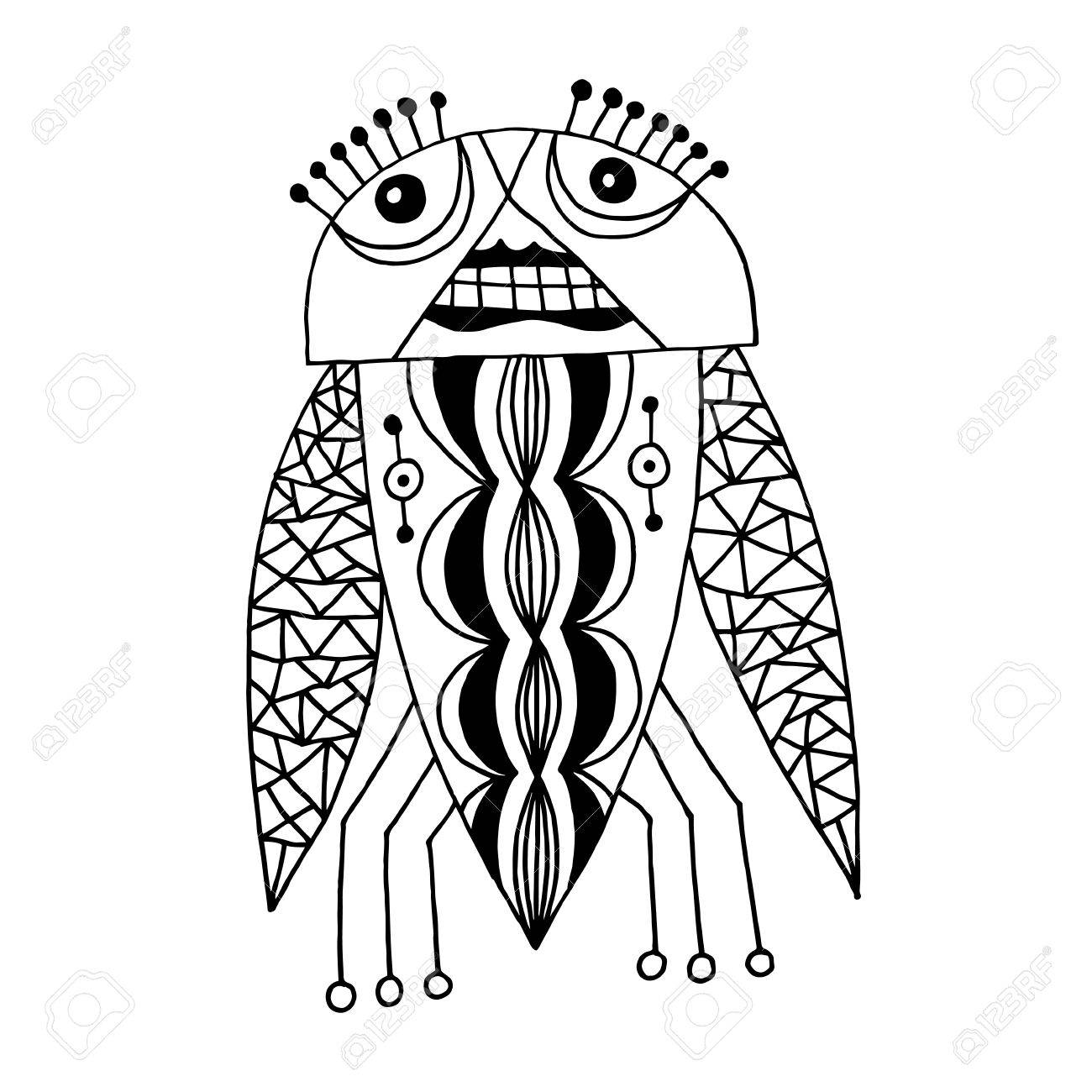 black and white handmade liner drawing of ethnic beetle in flat