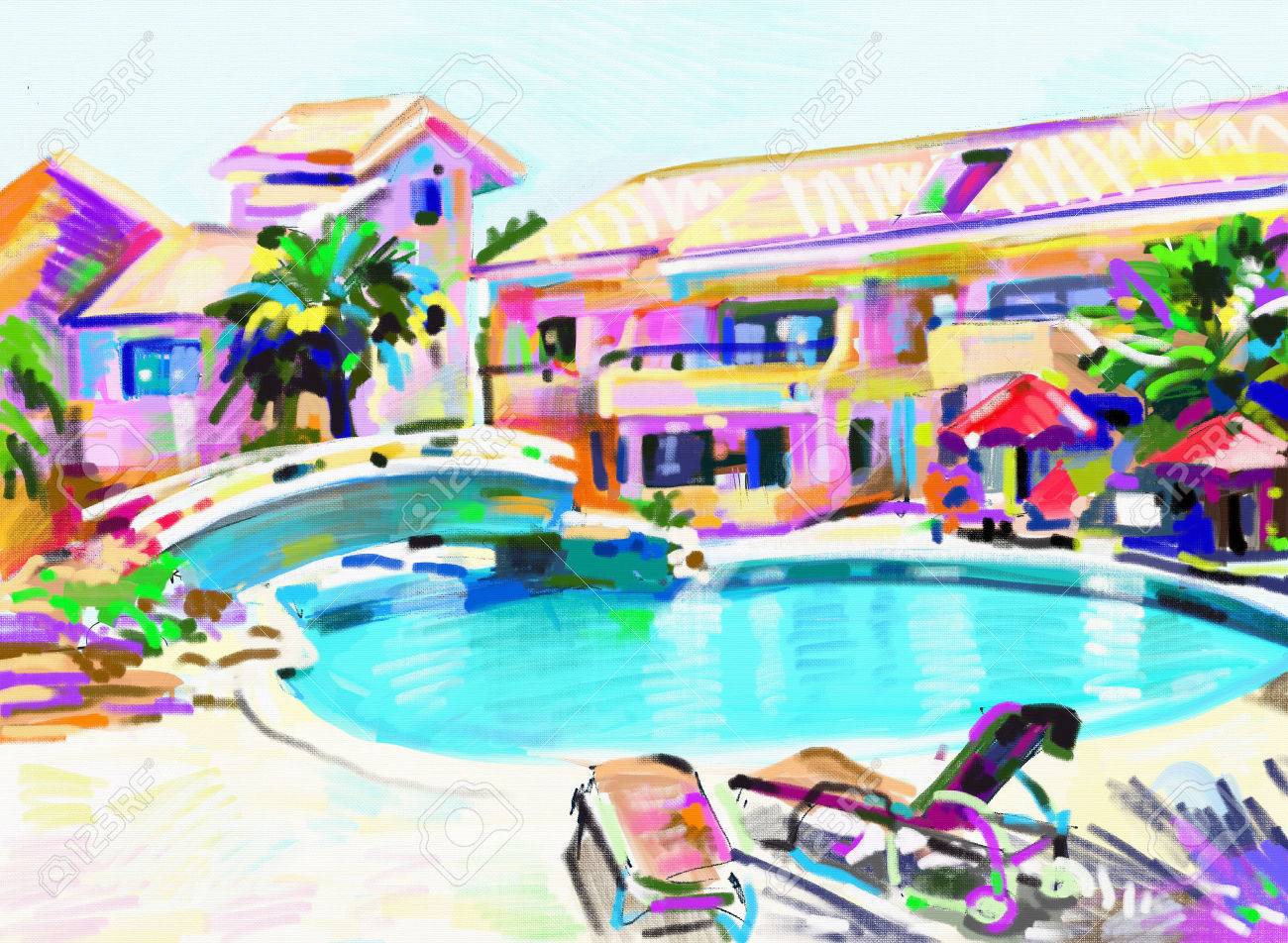 Ursprungliche Digitale Malerei Von Zypern Hotellandschaft Mit Schwimmbad Und Brucke Larnaka Moderne Kunst Lizenzfreie Fotos Bilder Und Stock Fotografie Image 59996558